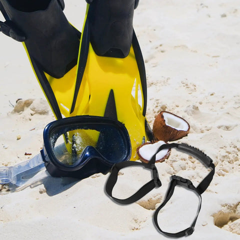 Elastic Dive Tank Strap With Handle For Portable Scuba Cylinder Band on sandy beach with fins and mask