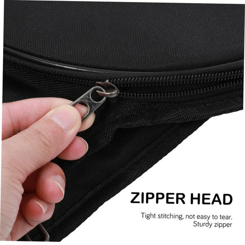 Close-up of the zipper head on a Road Ready Portable Dumb Drum Bag For Silent Practice Pad Storage In Slick Oxford Fabric.