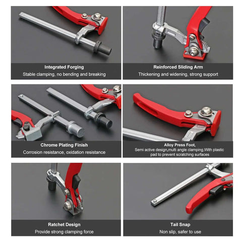 Heavy Duty Bench Clamp With Ratchet Lock For Rock Solid Workholding, chrome plating finish, reinforced sliding arm, alloy press foot.