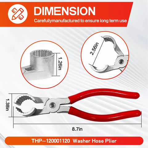 Washer Hose Pliers For Easy Inlet Hose Installation And Removal, Pro Grade Tool For Most Washers, Boss In Tight Spaces, Red, with dimensions 8.7x1.38 inches.