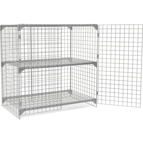 Heavy Duty Wire Mesh Security Locker Two Door Build With Height Adjustable Shelf And Padlock Compatible Latch Rock Solid Construction No Fuss Setup Ample Storage Space Gray 60X36X60 inch steel mesh locker with dual doors open.