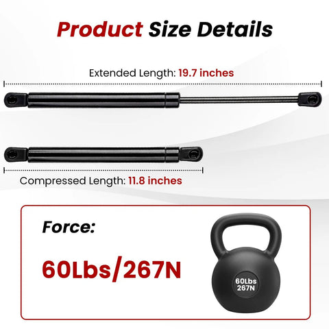 Heavy Duty 20 Inch 60lb Gas Struts With 10mm Ball Studs Direct Replacement Lift Supports For Truck Campers, RV Under Bed, Boat Lids, Floor Hatch Covers, Box Lids, 2 Pack showing 19.7 in extended, 11.8 in compressed