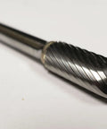 Three Eighths Inch Ball Nose Bur SC 3L Single Cut Solid Carbide Rotary Tool Bit, close-up showing spiral grooves.