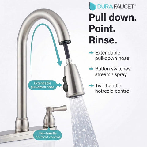 Two Handle Pull Down Kitchen Sink Faucet With Sprayer And Stream Spray Toggle, Hi Rise Brass Spout, Lightweight Plastic RV Faucet