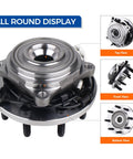 Top, front, and bottom views of front wheel hub and bearing assembly for 2014-2018 Ram 2500 and 2013-2018 Ram 3500 with ABS, 8 lug.