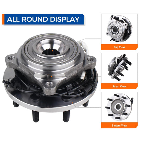 Top, front, and bottom views of front wheel hub and bearing assembly for 2014-2018 Ram 2500 and 2013-2018 Ram 3500 with ABS, 8 lug.