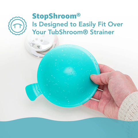 Universal Drain Stopper Plug Cover For Bathtub, Bathroom Sink, And Kitchen Drains, Aqua Finish, held over a drain.