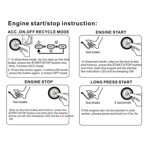 RFID Push To Start Car Ignition Kit With Keyless Go Button And Leather Key Fob, start/stop instructions illustration.