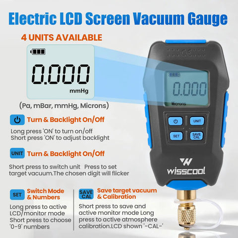 Digital Micron Vacuum Gauge For HVAC Systems, Precision Micron Readings, Digital Pressure Tester Meter For Accurate Evacuation, 0.000 mmHg display
