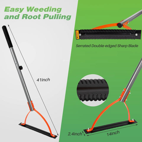 Heavy Duty Weed Cutter With Serrated Double Edged Blade And 30 Inch Steel Handle Manual Grass Whip For Tackling Overgrown Weeds In The Yard Garden Field Or Ditches Durable Orange Tool side and close-up view