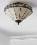 Cream And Black 16 Inch 2 Light Glass Or? And Metal Tiffany Style Mosaic Shade Semi Flush Mount Ceiling Light Fixture UL Listed
