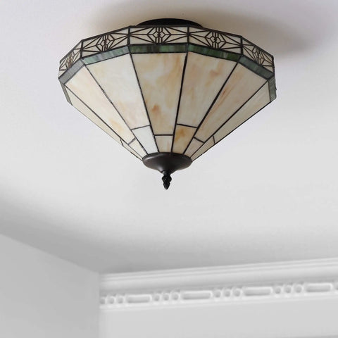 Cream And Black 16 Inch 2 Light Glass Or? And Metal Tiffany Style Mosaic Shade Semi Flush Mount Ceiling Light Fixture UL Listed