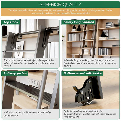 87 Inch Telescoping Aluminum Rolling Step Ladder With Four Foot Hook Track Kit Adjustable Heights 87 96 108 120 Inches 11 Inch Step Spacing 51 Inch Handrail Pro Grade Heavy Duty Library Ladder For Home Garage Workshop, black rolling ladder detail