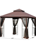Heavy Duty Outdoor 10x10 Gazebo With Double Roofs, Metal Corner Frame Shelves, And Mosquito Netting, Ideal Party Shelter For Patio Deck Backyard, Brown