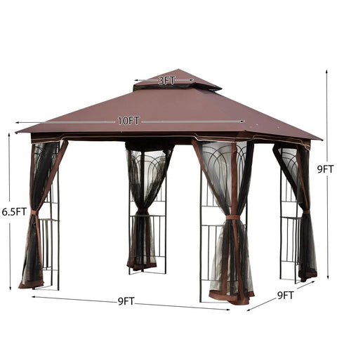 Heavy Duty Outdoor 10x10 Gazebo With Double Roofs, Metal Corner Frame Shelves, And Mosquito Netting, Ideal Party Shelter For Patio Deck Backyard, Brown