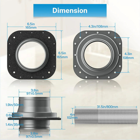 Dimensional diagram of Magnetic Dryer Vent Coupling Kit With 4 Inch SemiRigid Dryer Vent Hose Aluminum Foil Tape And Two Clamps