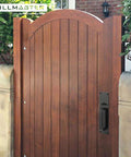 Wooden gate with Self Closing Thumb Gate Latch For Wooden Metal And Vinyl Fences Built Tough Heavy Duty Black Finish