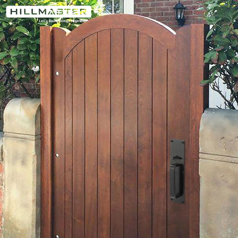 Wooden gate with Self Closing Thumb Gate Latch For Wooden Metal And Vinyl Fences Built Tough Heavy Duty Black Finish