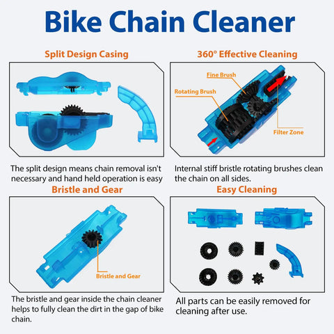 Must Have Ultimate Chain Cleaner Kit for Bikes with scrubber brushes, gear scraper detail brush on blue plastic design