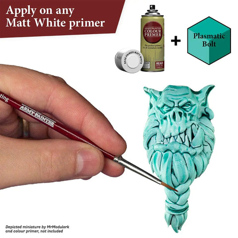 Hand painting fantasy miniature in turquoise with Speedpaint Plasmatic Bolt 2.0 One Coat Acrylic Paint for Warhammer 40K DnD minis