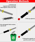 Operation methods for No Sweat Neodymium Shop Magnet Wand with steps for using telescoping pole and snappy release trigger.