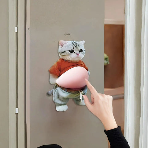 Hand touching 2 Pack Cat Themed Door Stopper Wall Protectors with Adhesive Cute Cartoon Cat Design on wall