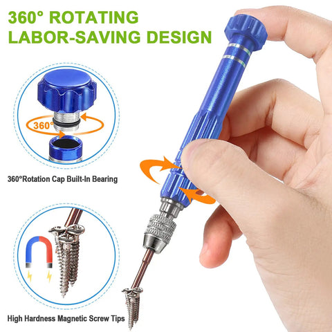 Must Have Handy Eyeglasses Screwdriver Kit 13 In 1 Magnetic Bits Set, blue handle with rotating cap and magnetic bit