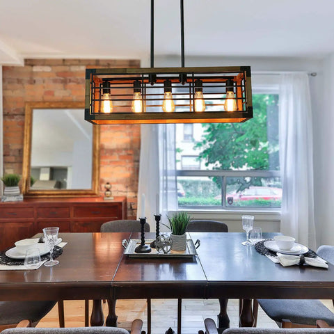 Linear Kitchen Chandelier Five Light Dope Farmhouse Pendant Lighting For Dining Room With Wood And Metal Frame displayed above table