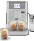 Heavy Duty Stainless Steel Espresso Machine With Removable Bean Hopper And Auto Milk Frother brewing two coffees in glass mugs.