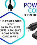 Five Foot Black 3 Prong AC Power Cord Cable, 10 Amp, 125 Volt, showing 3-prong plug and details for electronics use.