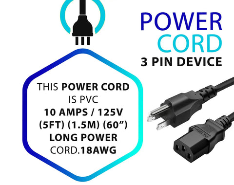 Five Foot Black 3 Prong AC Power Cord Cable, 10 Amp, 125 Volt, showing 3-prong plug and details for electronics use.