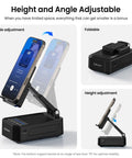 Cell Phone Stand With Instant Wireless Induction Speaker 1 Second Connection And No Pairing Needed All In One Desk Gadget With Bluetooth Speaker Phone Holder And 2000mAh Emergency Power Bank Perfect Gift For Men Women Dad Mom, showing angle and height adjustments.