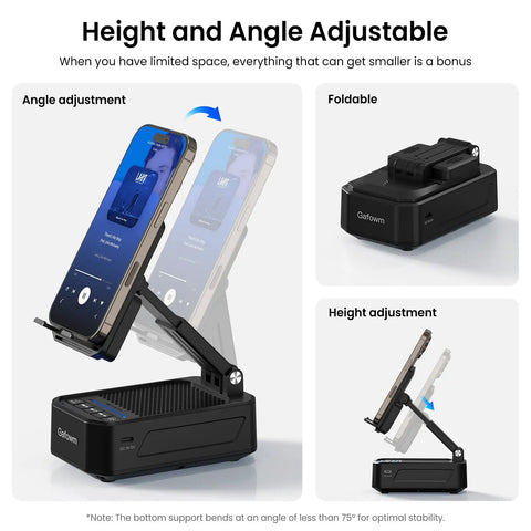 Cell Phone Stand With Instant Wireless Induction Speaker 1 Second Connection And No Pairing Needed All In One Desk Gadget With Bluetooth Speaker Phone Holder And 2000mAh Emergency Power Bank Perfect Gift For Men Women Dad Mom, showing angle and height adjustments.