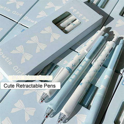4 Pack Cute Bowknot Gel Pens Retractable 0.5mm Fine Point Black Ink Smooth Writing Office School Supplies Blue Cartoon Kawaii Pens For Women And Girls in packaging.