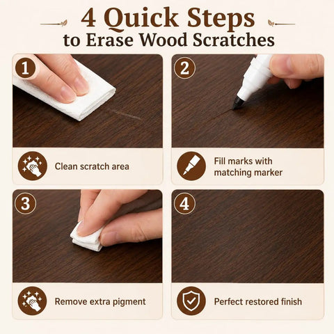 4 quick steps to erase wood scratches using premium wood touch up markers for a perfect restored finish.