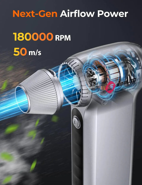 Beast Mode 180000 RPM Cordless Air Duster With 3 Speed Settings showcasing airflow and internal design