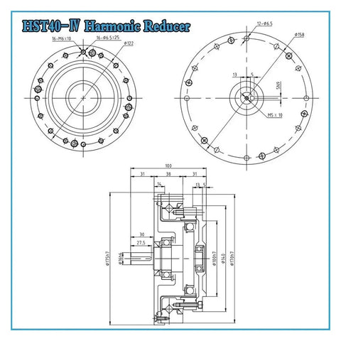 HST40-IV Harmonic Reducer technical drawing showing dimensions for CNC tools and robotic units with 80 to 1 reduction ratio.