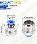 2 Pack Push To Connect Fittings For Air Line 1/2 Inch NPT Male Straight Nickel Plated Brass Quick Connect Adapter 0.24 Inch Tube OD Blue Pneumatic Fittings For Factory Systems shown with dimensions