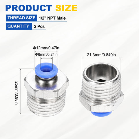 2 Pack Push To Connect Fittings For Air Line 1/2 Inch NPT Male Straight Nickel Plated Brass Quick Connect Adapter 0.24 Inch Tube OD Blue Pneumatic Fittings For Factory Systems shown with dimensions