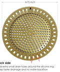 Gold Stainless Steel Shower Drain Catcher With Soft Silicone Edge Flat Round Tub Strainer, 4.75in, back view with drainage holes.