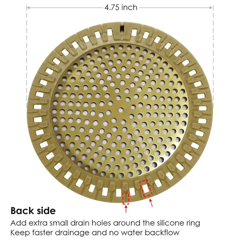 Gold Stainless Steel Shower Drain Catcher With Soft Silicone Edge Flat Round Tub Strainer, 4.75in, back view with drainage holes.