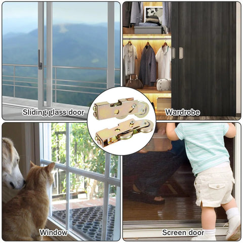 Two Pack Sliding Door Rollers Replacement Kit With One And One Quarter Inch Tandem Roller Assembly shown with various doors