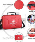 Gevoke red waterproof hard-shell first aid kit with shoulder strap and black zipper, front view.