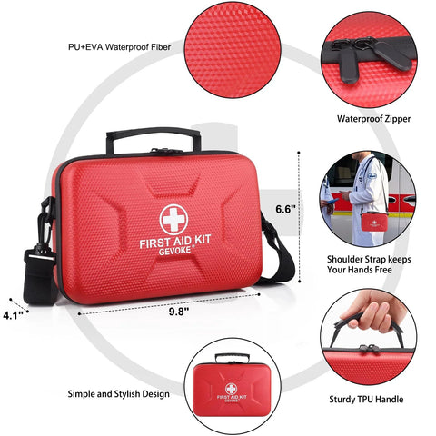 Gevoke red waterproof hard-shell first aid kit with shoulder strap and black zipper, front view.