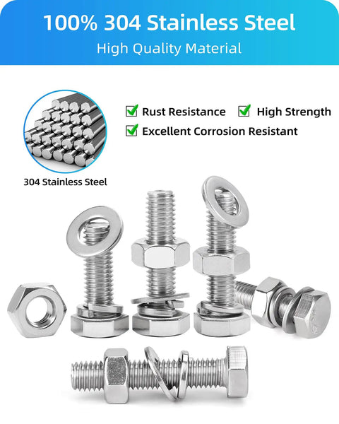 265 Piece Hex Bolt And Nut Assortment Kit Featuring 304 Stainless Steel Fasteners With Flat And Lock Washers For Heavy Duty Garage Builds And Tight Squeeze Repairs with rust-resistant design.