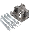 Angled view of stainless steel hidden door hinge kit with bolts, washers, and nuts