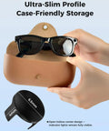 Hands placing Wayfarer smart glasses in a case showing Resin Camera Bezel Protection Ring Kit For Smart Glasses With Open Hollow Center Dust Guard
