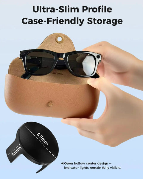 Hands placing Wayfarer smart glasses in a case showing Resin Camera Bezel Protection Ring Kit For Smart Glasses With Open Hollow Center Dust Guard