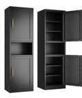 Tall Narrow Black Metal Storage Cabinet With Four Adjustable Shelves A True Space Saving Workhorse For Kitchen Office Living Room And Dining Room 66 Inch Tall Pantry Cabinet Built From Cold Rolled Steel With Scratch Resistant Powder Coat, doors open view