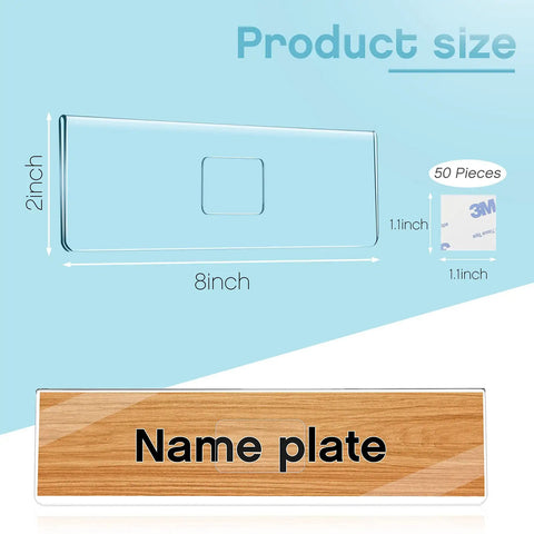 Clear Acrylic Wall Name Plate Holders 15 Pack 2 X 8 Inches with size and adhesive tape shown